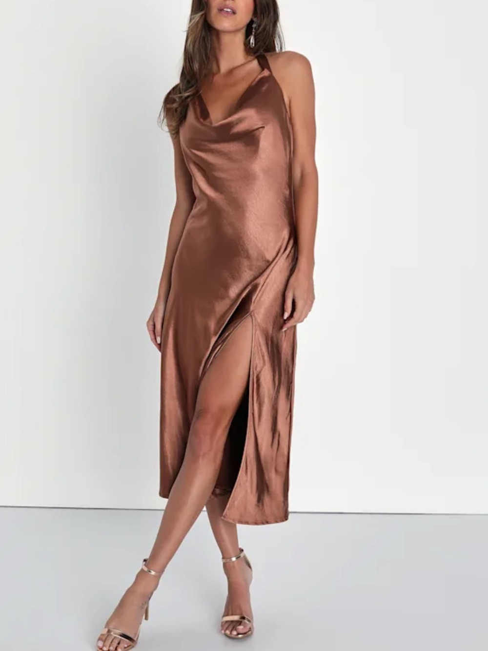 Lulus Sophisticated Impression Brown Satin Backless Cowl Midi Dress